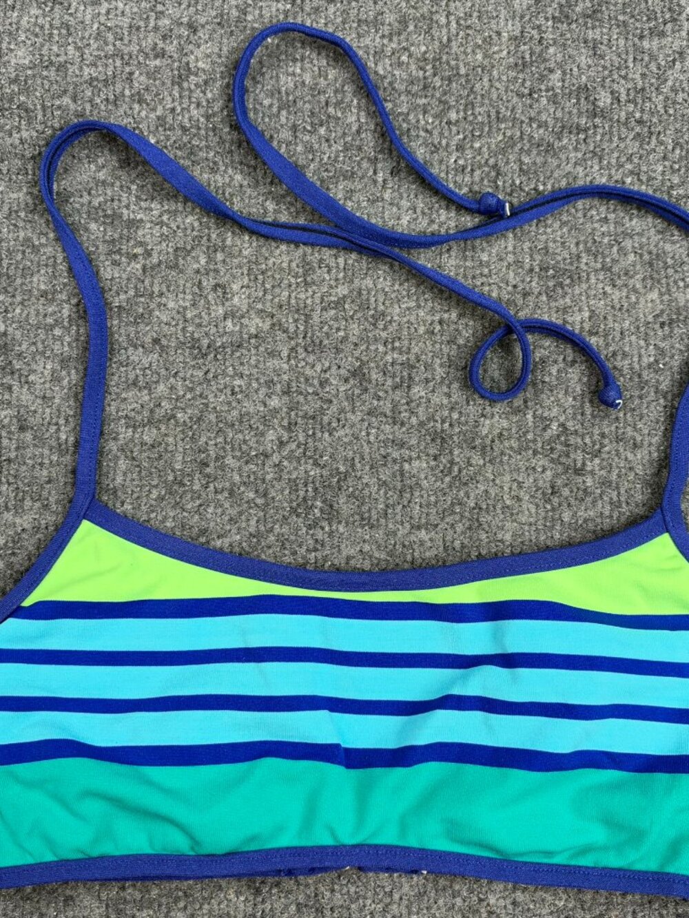 Miken Swimwear Bikini Top Size S Padded Strappy Halter Blue Lime Stripe Stretch
